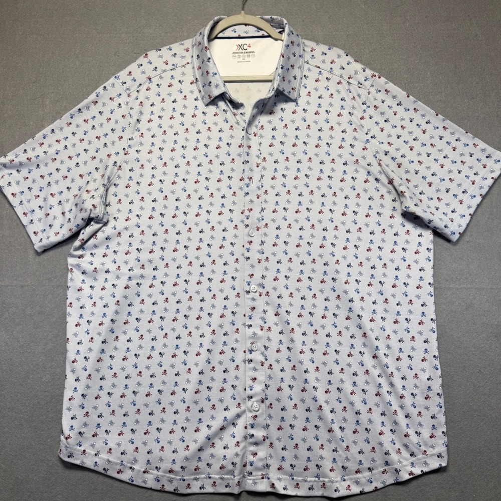 Johnston & Murphy XC4 Men XXL Blue Skull Crossbones Performance Shirt Short Slev